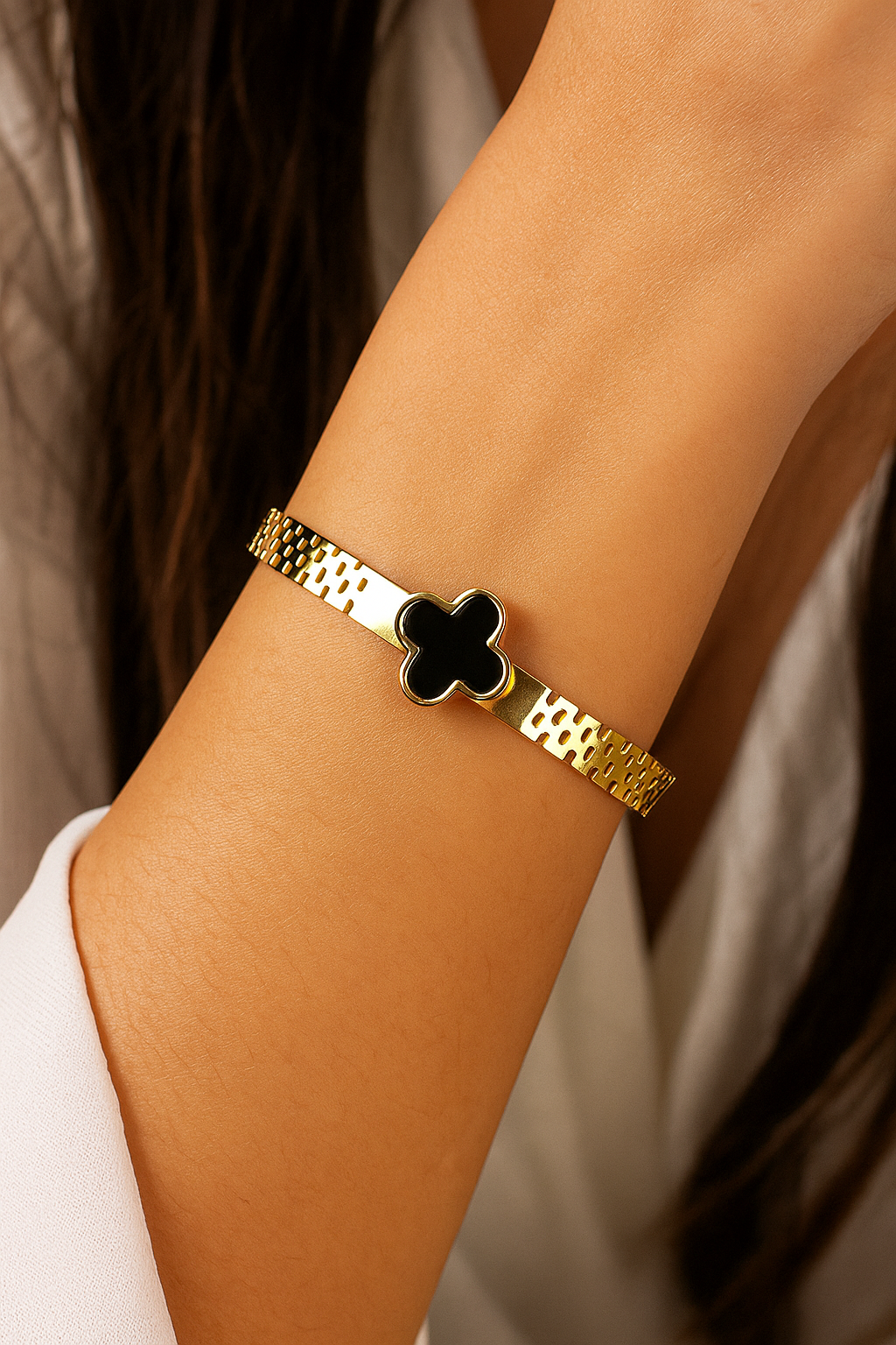 Black Clover Charm Stainless Steel Bracelet (Gold Tone)