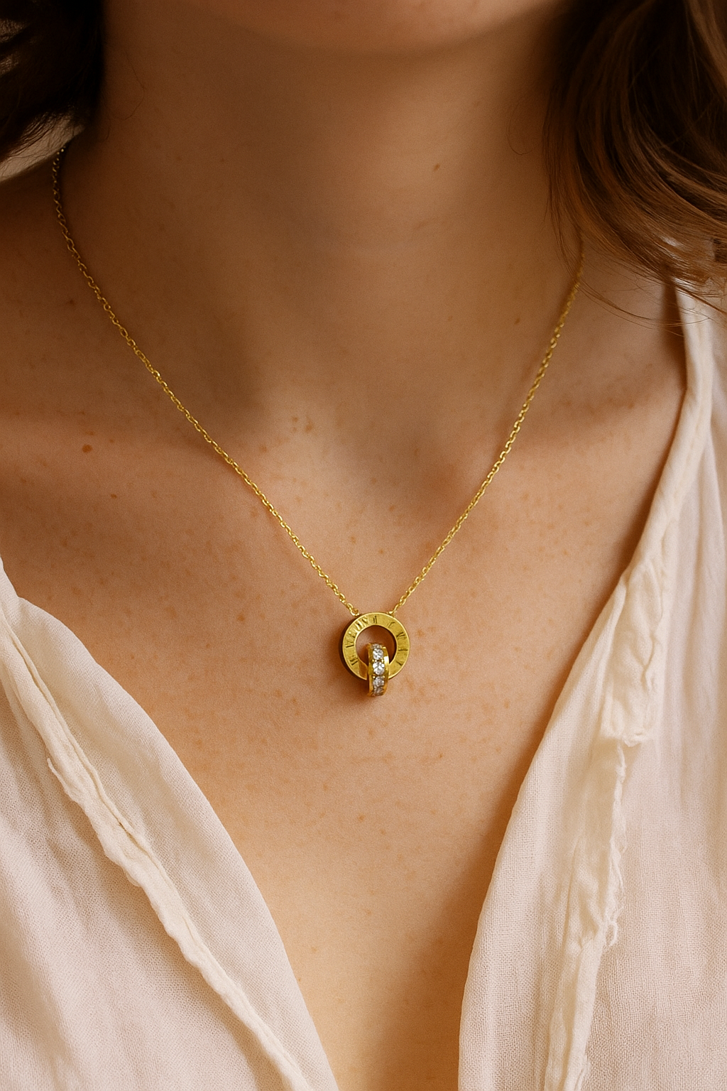Roman Numeral Circle Pendant Necklace with Dual Rings