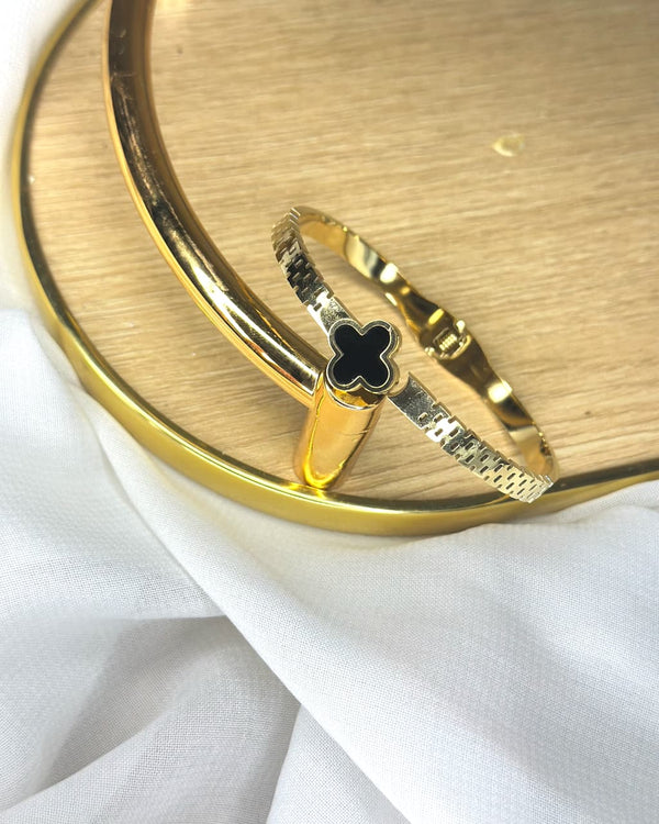 Black Clover Charm Stainless Steel Bracelet (Gold Tone)