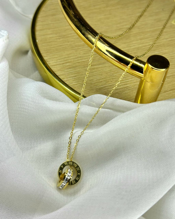Roman Numeral Circle Pendant Necklace with Dual Rings