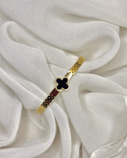 Black Clover Charm Stainless Steel Bracelet (Gold Tone)