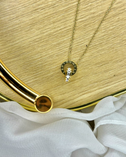 Roman Numeral Circle Pendant Necklace with Dual Rings