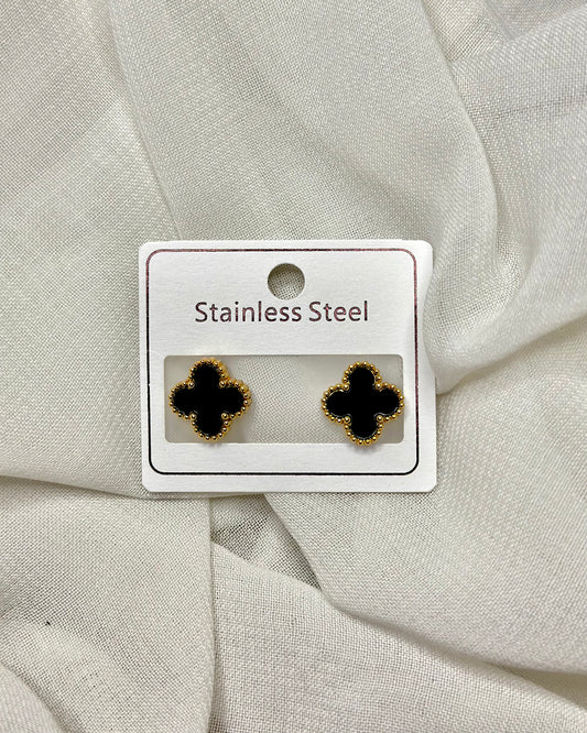Black & Gold Floral Stud Earrings – Chic Stainless Steel Elegance