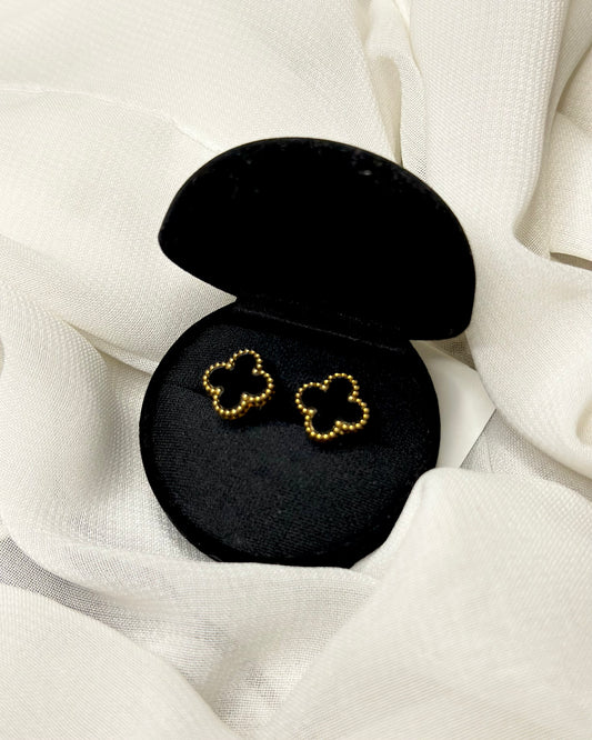 Black & Gold Floral Stud Earrings – Chic Stainless Steel Elegance